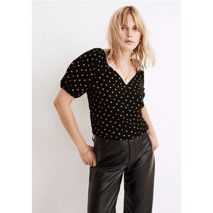 Madewell | NWT Black Corduroy Puff-Sleeve Wrap Top in Oval Dot Blouse Size Small